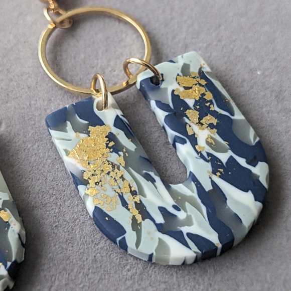 Abstract Gold and Blue Dangle Earrings - Picture 2 of 2